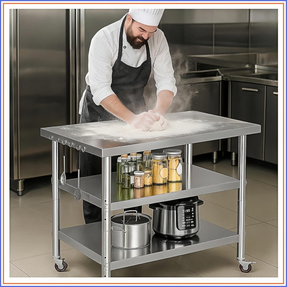 Commercial Kitchen Prep Table - Stainless Steel Table with Wheels for