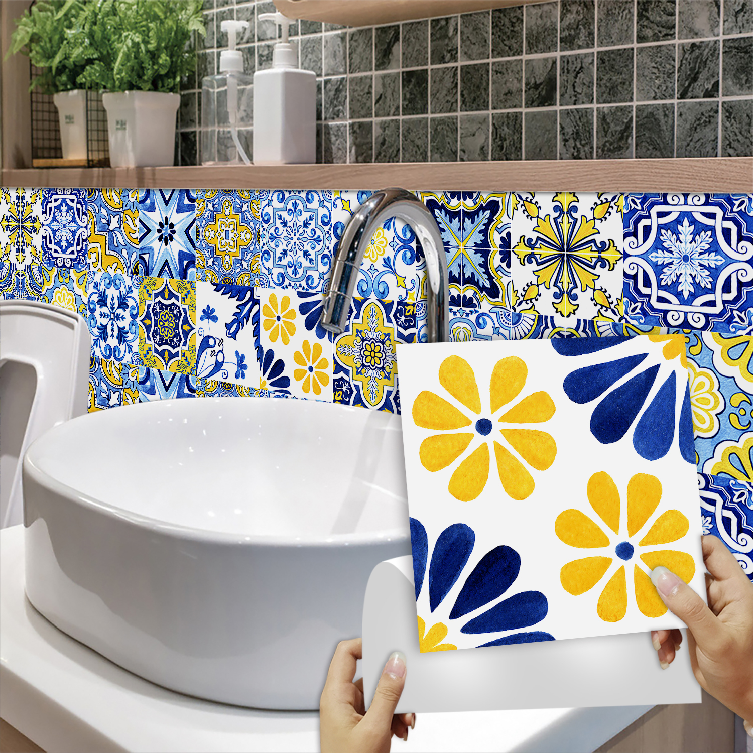 16pcs Blue Yellow Vintage Flor - مراجعة Commercial Kitchen Tiles وسعره